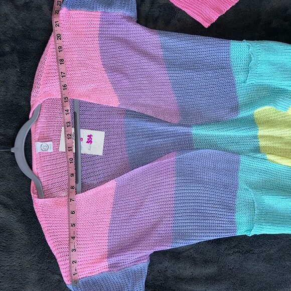 Pastel Rainbow Knit Long Sleeve Cardigan Lightweight Spring Pockets Colorblock - Picture 12 of 16